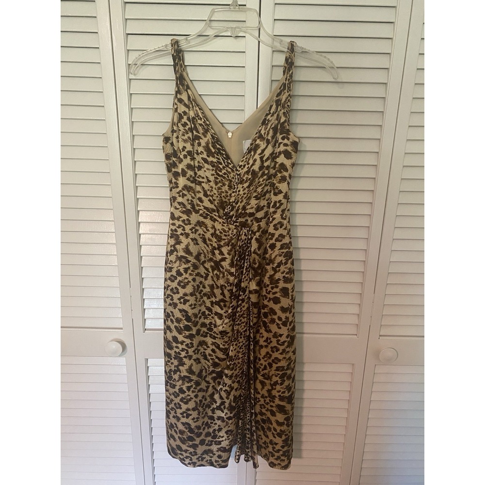 Badgley Mischka Silk Leopard Print Ruched Midi Slip Dress Size 2